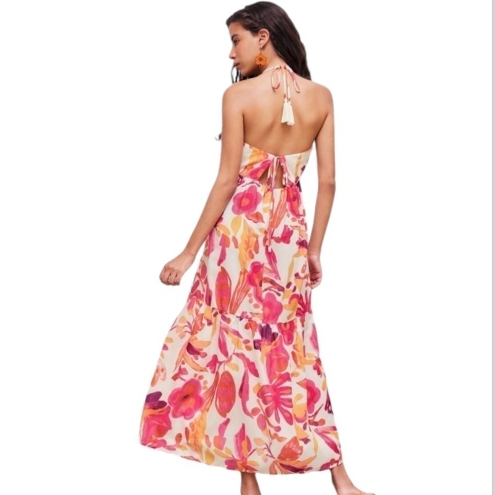New ZARA Long Multicolored Print Midi Dress
